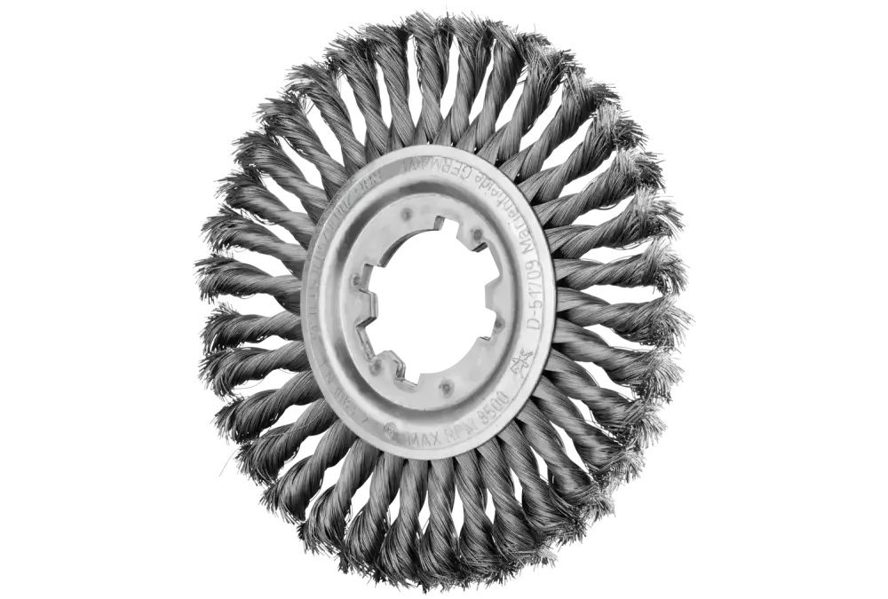 Szczotka tarczowa pleciona RBG Ø200 × 16 × 50, otwór 8 mm, drut stalowy Ø0,35 mm, stacjonarna 1