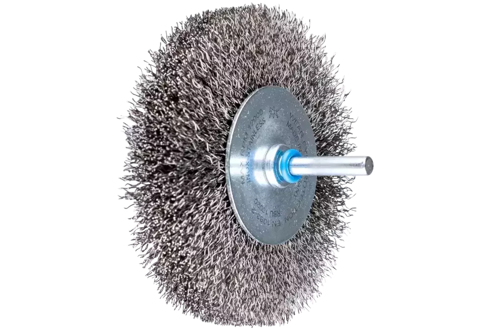 Szczotka tarczowa niepleciona RBU Ø100 × 20 mm trzpień Ø6 mm drut ze stali nierdzewnej Ø0,30 1