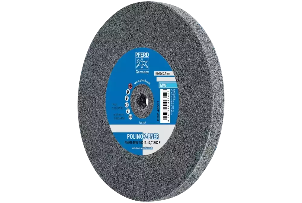 Dysk z włókniny prasowanej POLINOX PNER Ø 150 × 13 mm do otworu Ø 12,7 mm Średnio miękki SiC drobnoziarnisty do wykańczania 1