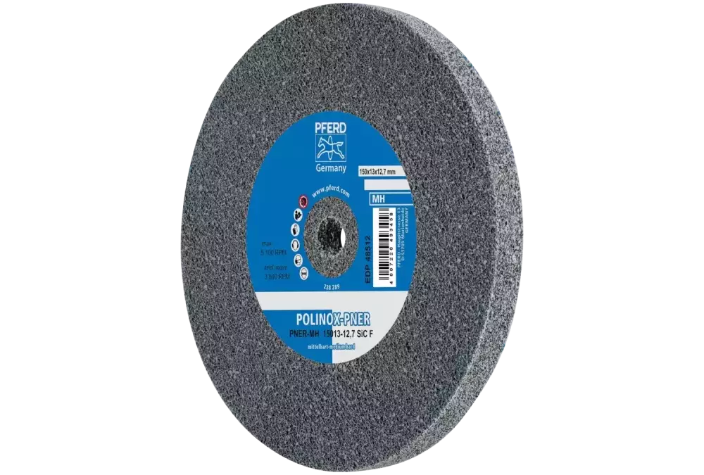 Dysk z włókniny prasowanej POLINOX PNER Ø 150 × 13 mm do otworu Ø 12,7 mm Średnio twardy SiC drobnoziarnisty do wykańczania 1