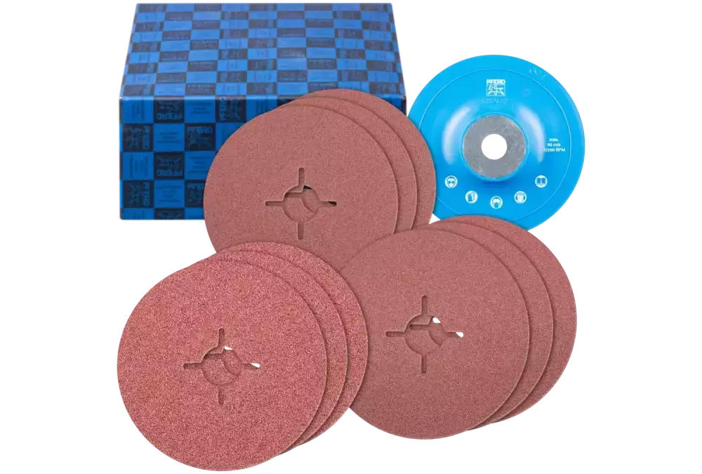Zestaw tarcz włókninowych, 10-częściowy, ziarno Korund, Ø125 mm, A36, 60, 80, z talerzem wsporczym GT, uniwersalny 1
