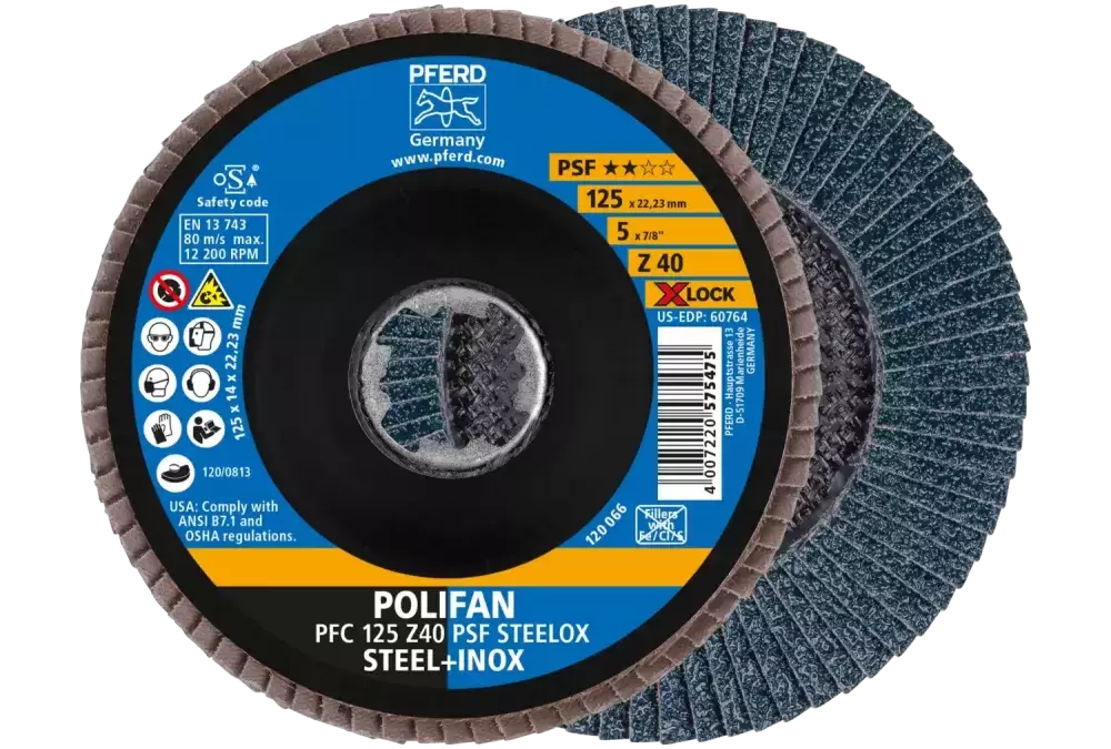 Ściernica listkowa POLIFAN PFC 125 mm X-LOCK stożkowa Z40 linia uniwersalna PSF STEELOX stal/stal nierdzewna 1