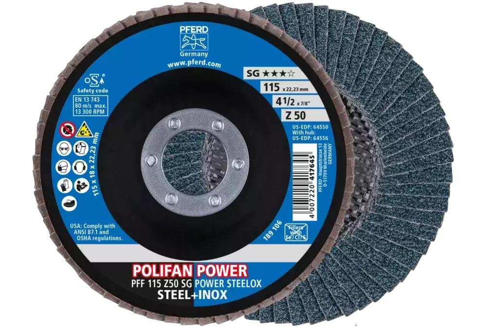 Ściernica listkowa POLIFAN POWER PFF 115 x 22,23 mm płaska Z50 linia wydajna SG STEELOX do stali/stali szlachetnej 1
