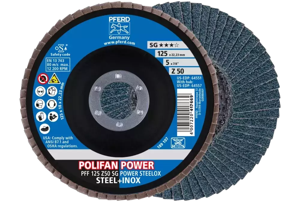 Ściernica listkowa POLIFAN POWER PFF 125 x 22,23 mm płaska Z50 linia wydajna SG STEELOX do stali/stali szlachetnej 1