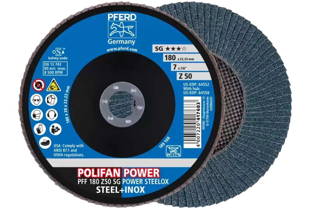 Ściernica listkowa POLIFAN POWER PFF 180 x 22,23 mm płaska Z50 linia wydajna SG STEELOX do stali/stali szlachetnej 1