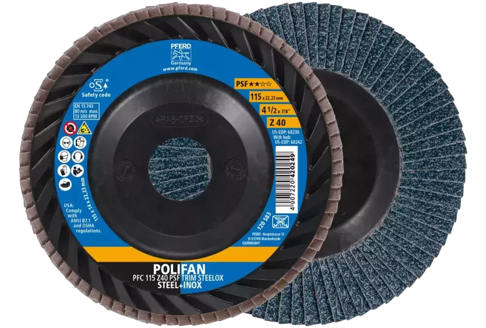 Ściernica listkowa POLIFAN PFC 115 x 22,23 mm stożkowa Z40 linia uniwersalna PSF TRIM STEELOX do stali/stali szlachetnej 1