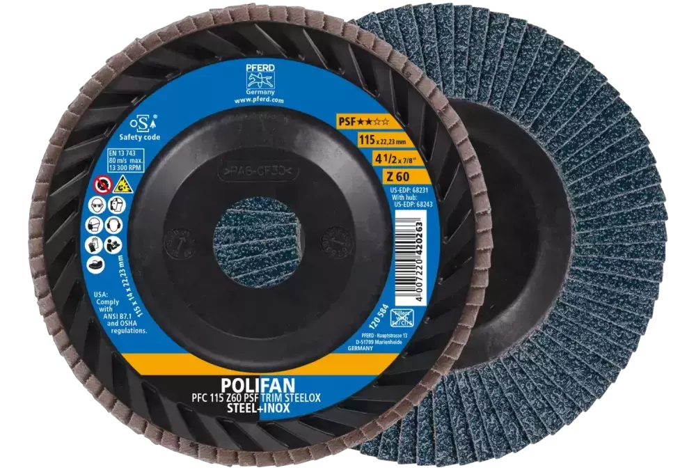 Ściernica listkowa POLIFAN PFC 115 x 22,23 mm stożkowa Z60 linia uniwersalna PSF TRIM STEELOX do stali/stali szlachetnej 1