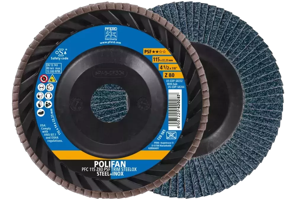Ściernica listkowa POLIFAN PFC 115 x 22,23 mm stożkowa Z80 linia uniwersalna PSF TRIM STEELOX do stali/stali szlachetnej 1