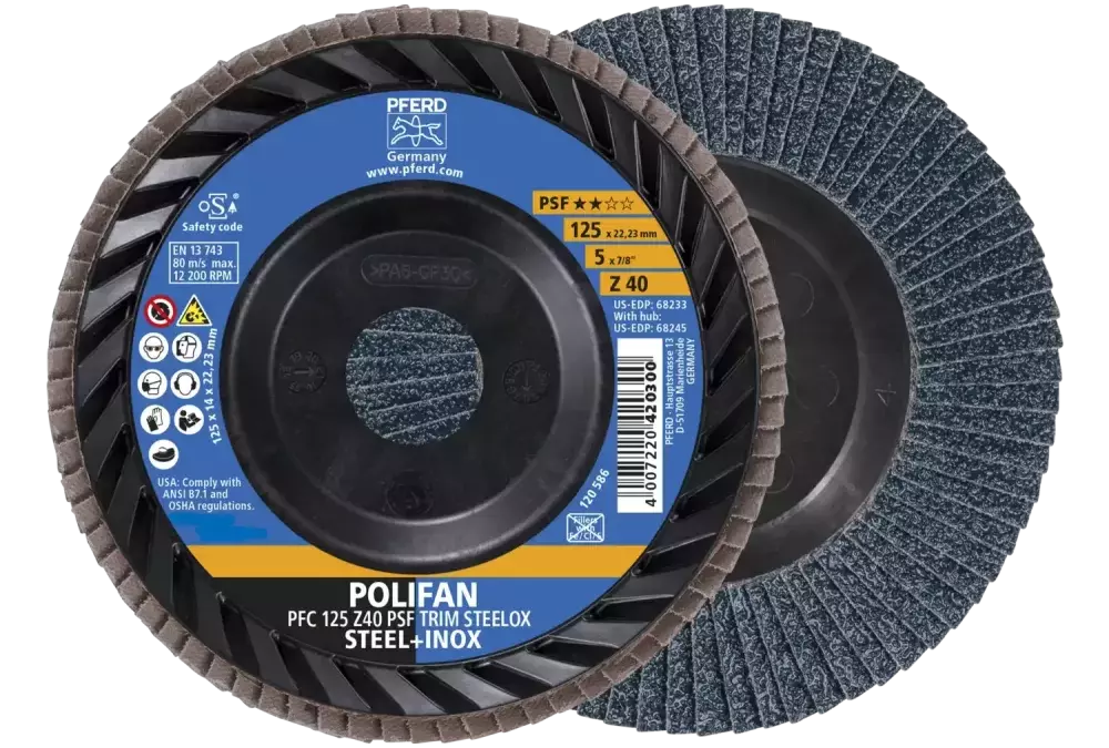 Ściernica listkowa POLIFAN PFC 125 x 22,23 mm stożkowa Z40 linia uniwersalna PSF TRIM STEELOX do stali/stali szlachetnej 1