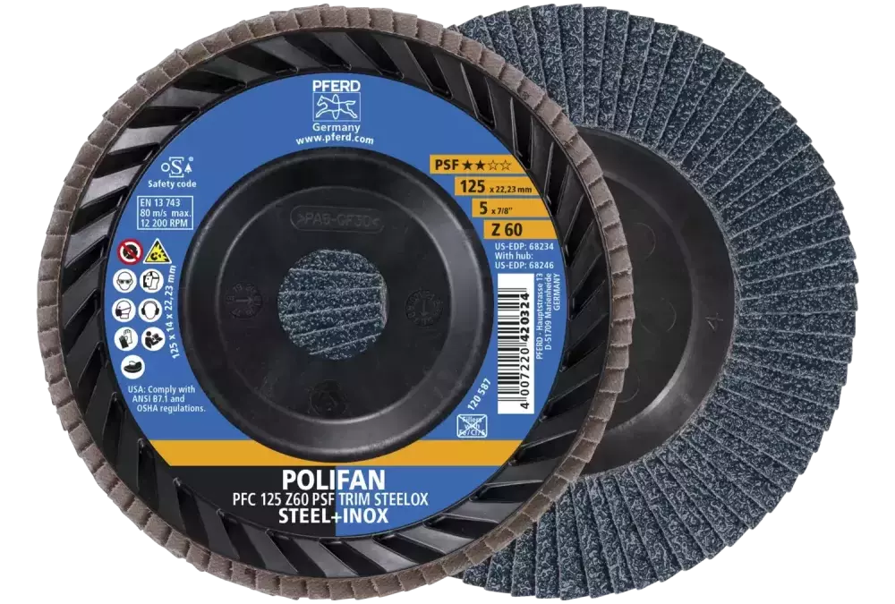 Ściernica listkowa POLIFAN PFC 125 x 22,23 mm stożkowa Z60 linia uniwersalna PSF TRIM STEELOX do stali/stali szlachetnej 1
