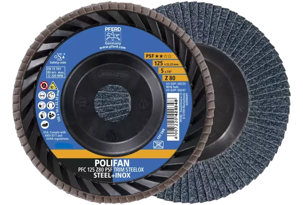 Ściernica listkowa POLIFAN PFC 125 x 22,23 mm stożkowa Z80 linia uniwersalna PSF TRIM STEELOX do stali/stali szlachetnej 1