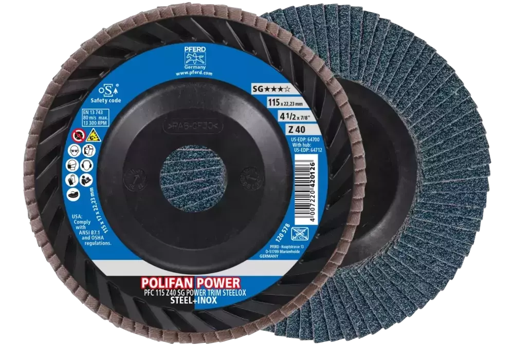 Ściernica listkowa POLIFAN POWER PFC 115 x 22,23 mm stożkowa Z40 linia wydajna SG TRIM STEELOX do stali/stali szlachetnej 1