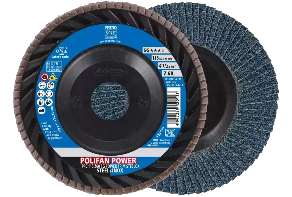 Ściernica listkowa POLIFAN POWER PFC 115 x 22,23 mm stożkowa Z60 linia wydajna SG TRIM STEELOX do stali/stali szlachetnej 1