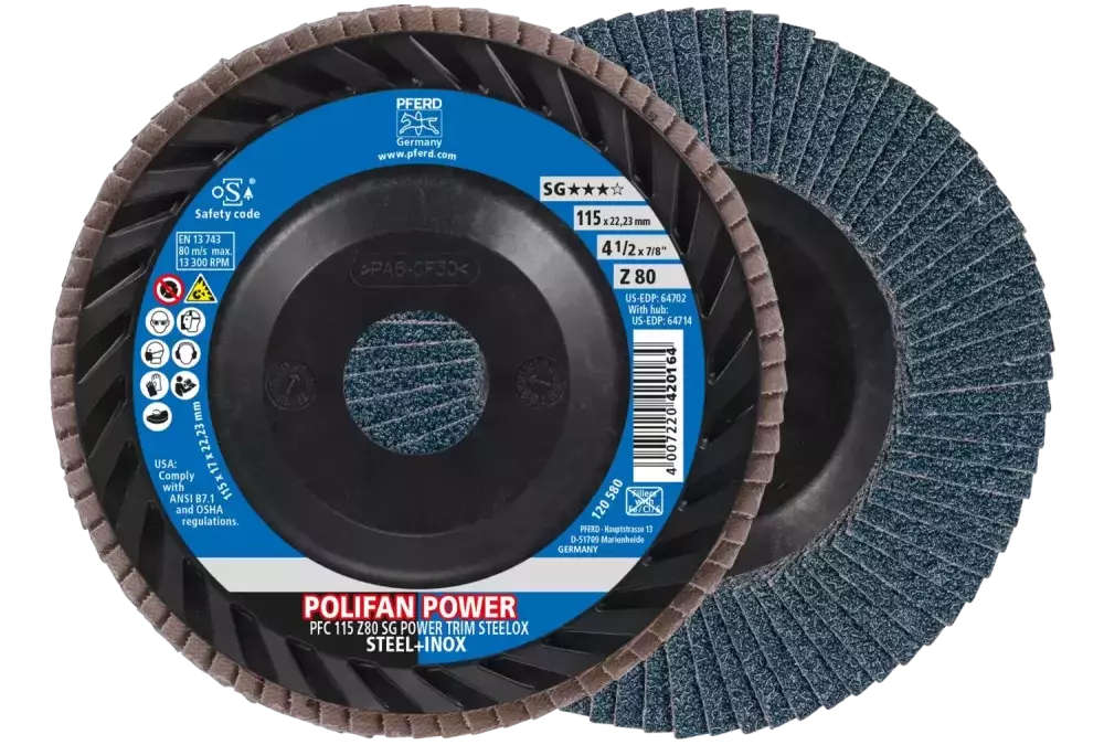 Ściernica listkowa POLIFAN POWER PFC 115 x 22,23 mm stożkowa Z80 linia wydajna SG TRIM STEELOX do stali/stali szlachetnej 1