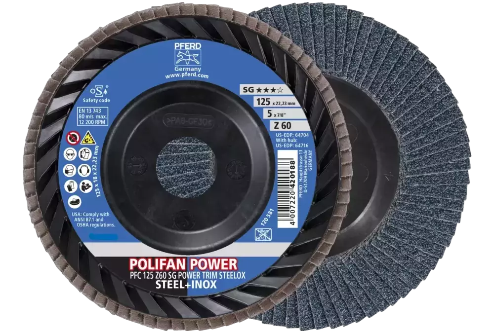 Ściernica listkowa POLIFAN POWER PFC 125 x 22,23 mm stożkowa Z60 linia wydajna SG TRIM STEELOX do stali/stali szlachetnej 1