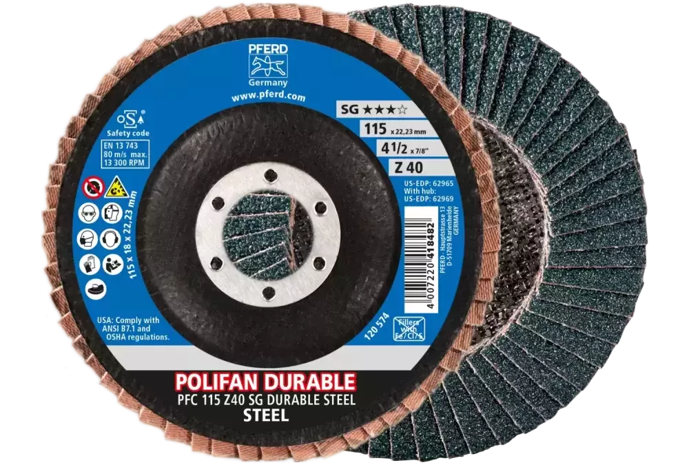 Ściernica listkowa POLIFAN POWER PFC 115 x 22,23 mm stożkowa Z40 linia wydajna SG DURABLE STEEL do stali 1
