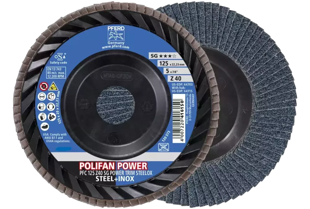 Ściernica listkowa POLIFAN POWER PFC 125 x 22,23 mm stożkowa Z40 linia wydajna SG TRIM STEELOX do stali/stali szlachetnej 1