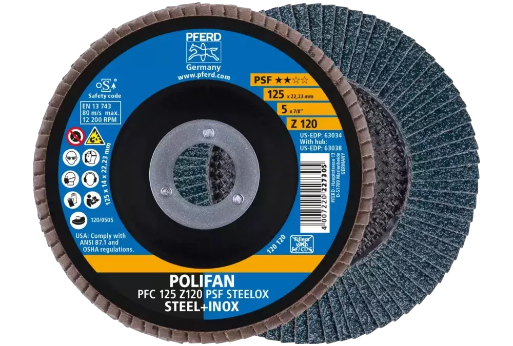Ściernica listkowa POLIFAN PFC 125 × 22,23 mm stożkowa Z120 linia uniwersalna PSF STEELOX stal/stal nierdzewna 1