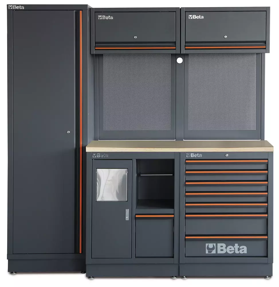 Zestaw mebli warsztatowych z drewnianym blatem system C45PRO Beta C45PRO2.0/CW 1