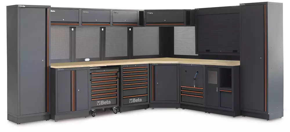 Zestaw mebli warsztatowych z drewnianym blatem system C45PRO Beta C45PRO2.0/FW 1