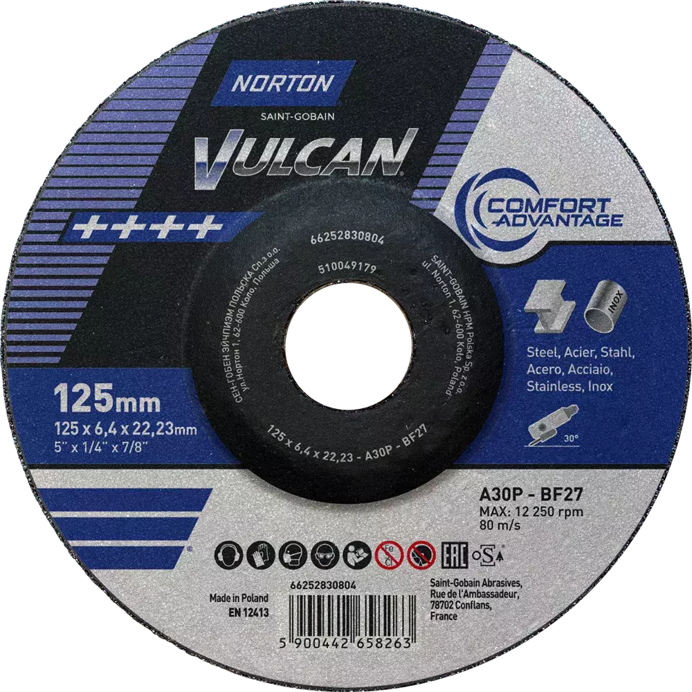 Tarcza do szlifowania metalu 125x6,4x22,23 Vulcan wypukła Norton 66252830804 1