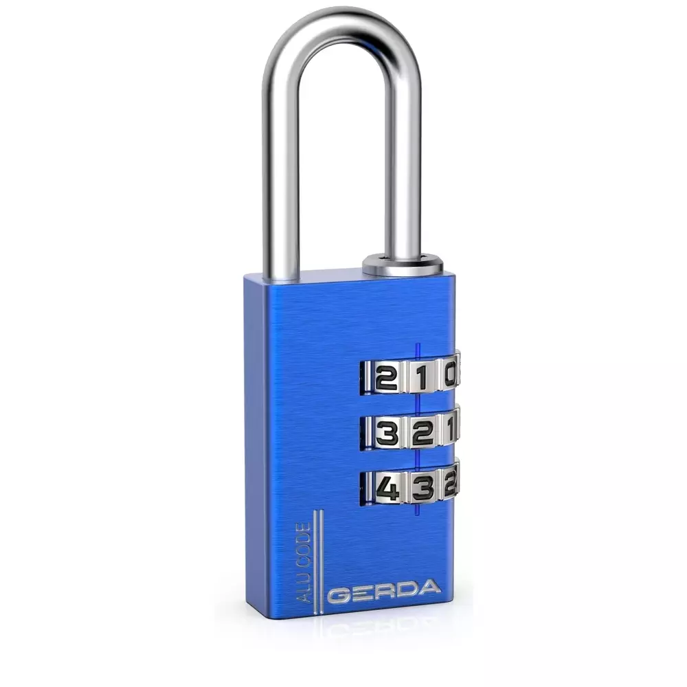 Kłódka pałąkowa aluminiowa szyfrowa BLUE 3 dyski S20 ALU CODE blister GERDA 1