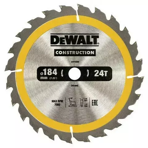 Piła tarczowa do cięcia drewna ø184/16/2,6mm, 24 zęby, CONSTRUCTION DeWALT DT1939 1