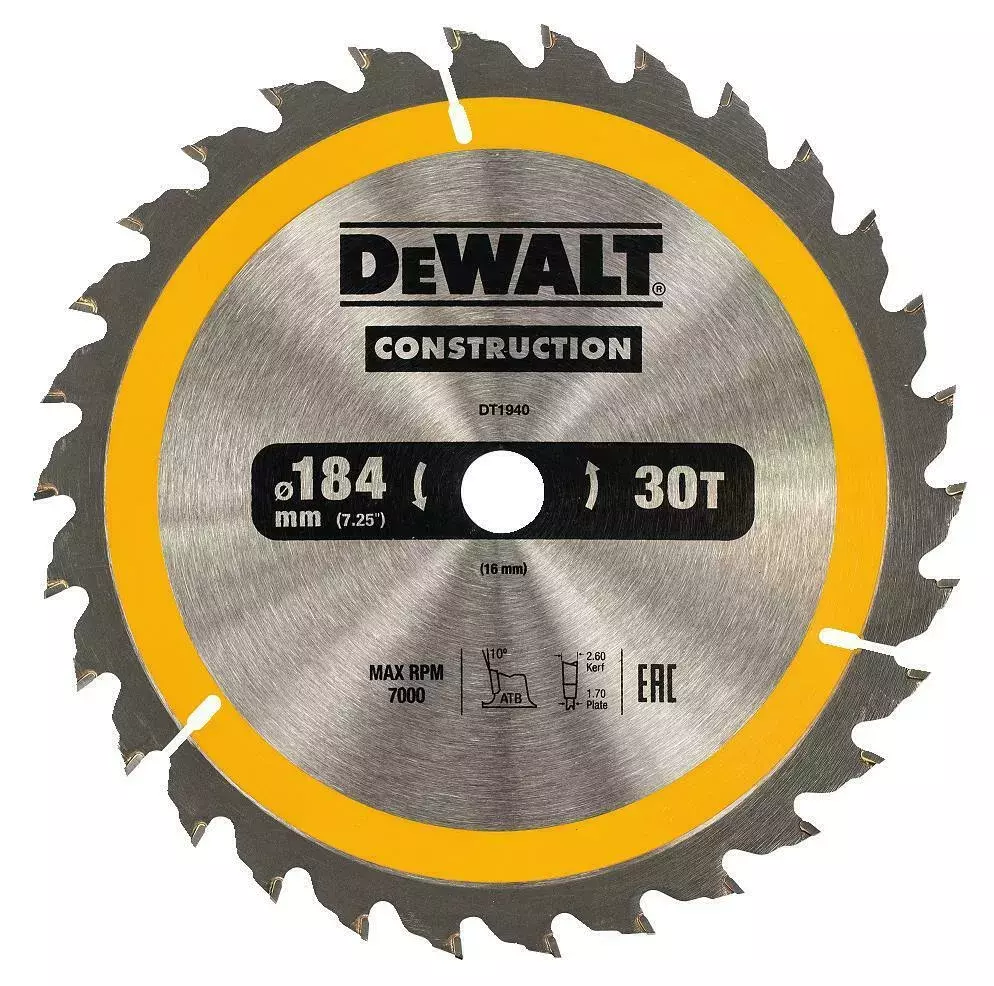 Piła tarczowa do cięcia drewna ø184x16x1,70mm, grubość cięcia 2,6mm, 30 zębów, CONSTRUCTION DeWALT DT1940 1
