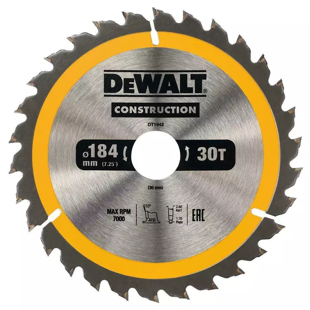 Tarczowa do cięcia drewna ø184x30x1,7mm, grubość cięcia 2,6mm 30 zębów ONSTRUCTION DeWALT DT1942 1