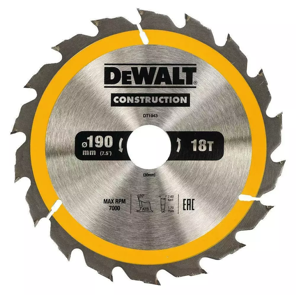 Piła tarczowa do cięcia drewna ø190x30x1,70mm, grubość cięcia 2,6mm, 18 zębów, CONSTRUCTION DeWALT DT1943 1