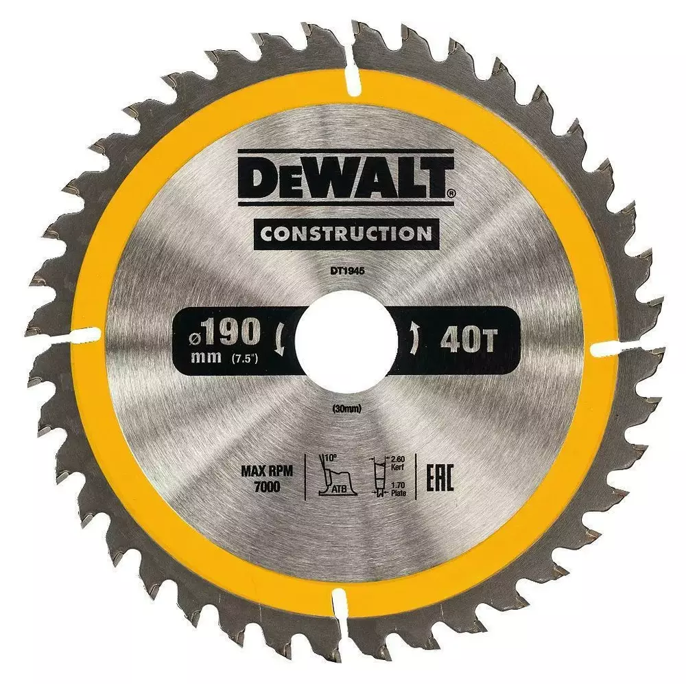 Piła tarczowa do cięcia drewna ø190x30x1,7mm grubość cięcia 2,6mm 40 zębów CONSTRUCTION DeWALT DT1945 1