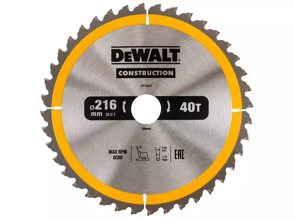 Piła tarczowa do cięcia drewna ø216x30x1,70mm, grubość cięcia 2,6mm, 40 zębów, CONSTRUCTION DeWalt DT1953 1