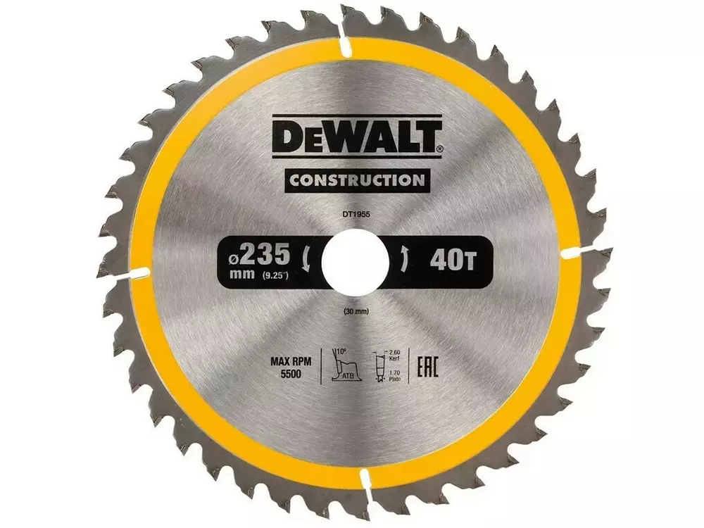 Piła tarczowa do cięcia drewna ø235x30x1,7mm grubość cięcia 2,6mm, 40 zębów CONSTRUCTION DeWalt DT1955 1