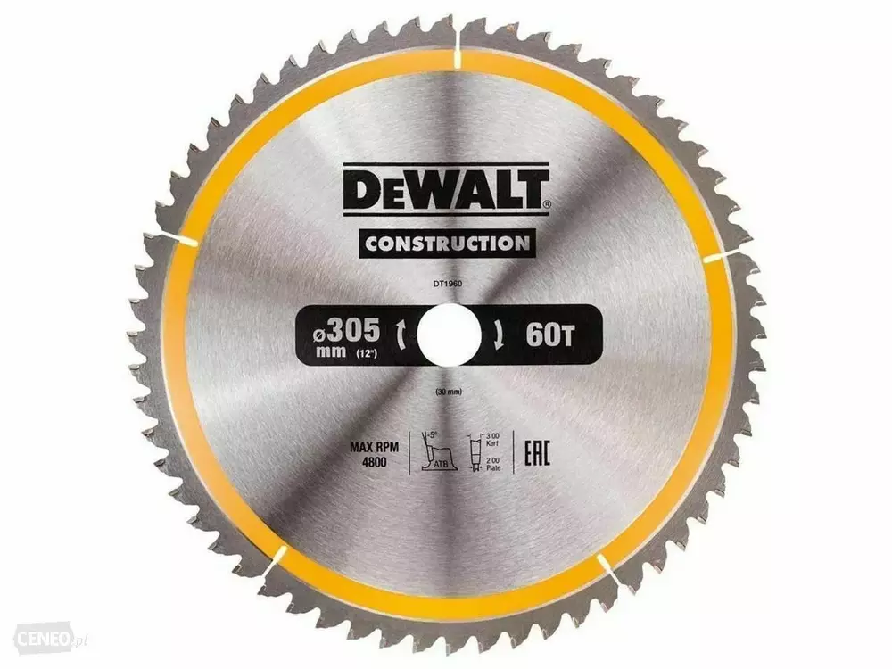 Piła tarczowa do cięcia drewna ø305x30x2,0mm, grubość cięcia 3,0mm, 60 zębów, Construction DeWalt DT1960 1