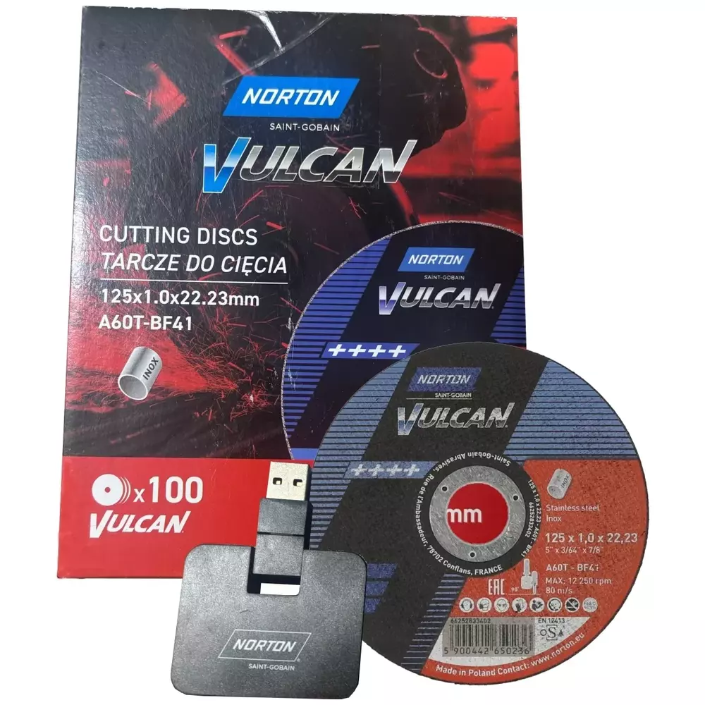 Pakiet 100 szt. tarcz do cięcia metalu Norton Vulcan 125x1,0x22,23 + rozdzielacz USB GRATIS! 1