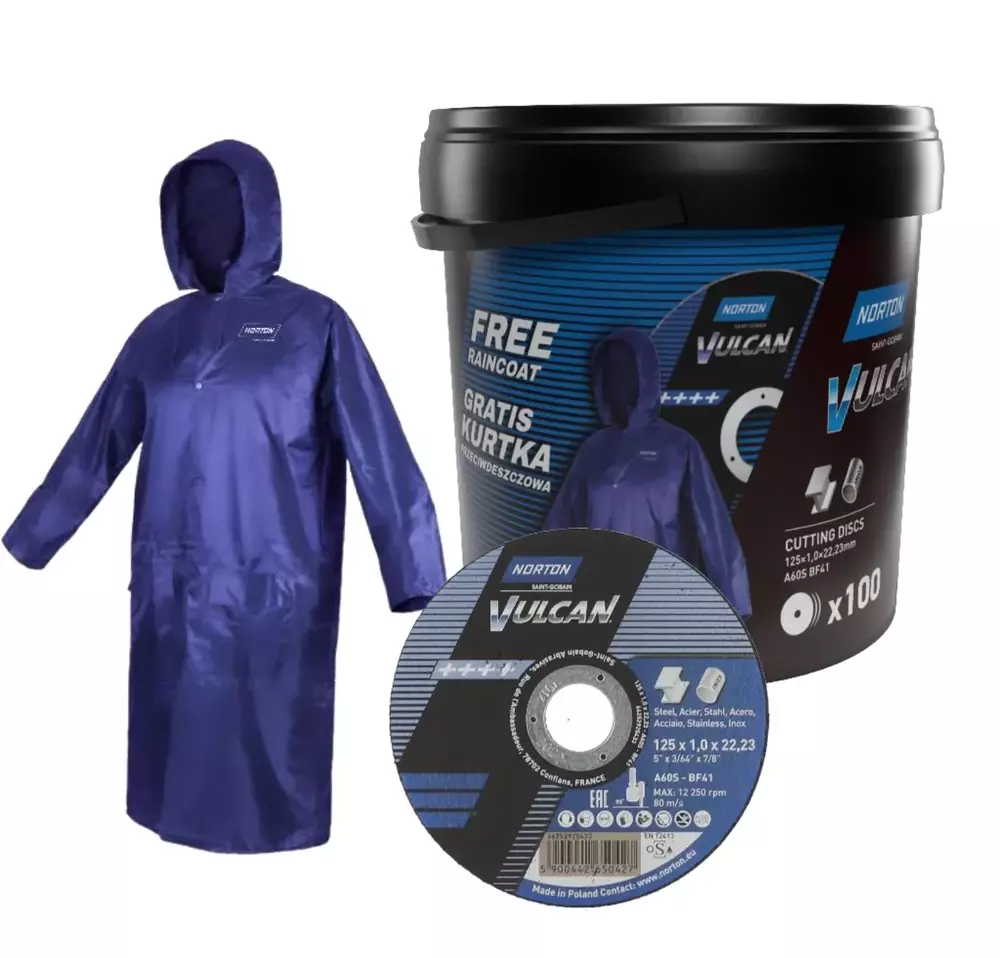 Pakiet 100 szt. tarcz do cięcia Norton Vulcan 125x1 + płaszcz przeciwdeszczowy GRATIS! 1