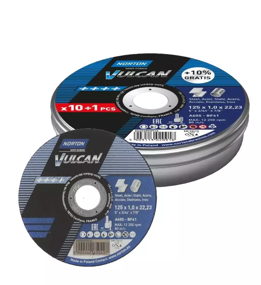 Pakiet 10 szt. tarcz do cięcia Norton Vulcan 125 x 1 + 1 sztuka tarczy Gratis! 1