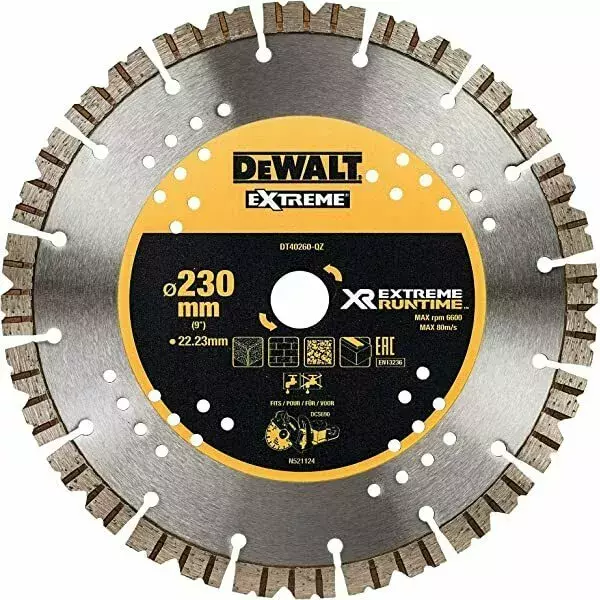 Tarcza diamentowa segmentowa do szybkiego ciecia betonu, do szlifierek kątowych ø230x2,0mm, DeWalt DT40260 1