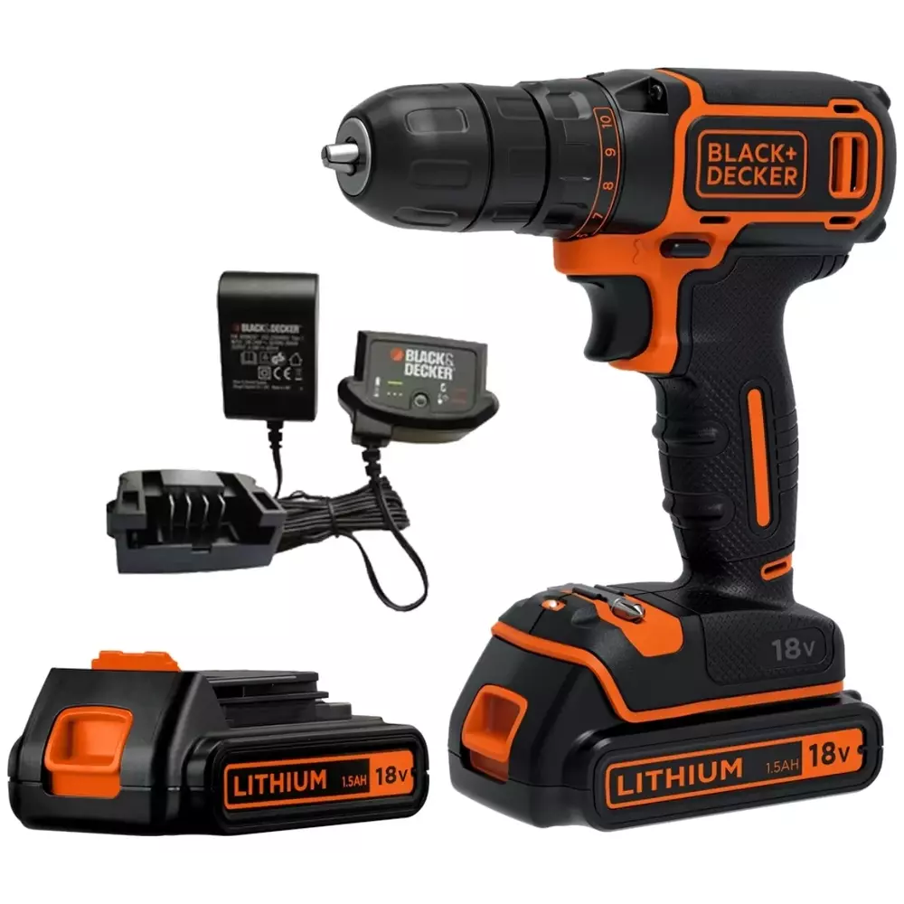 Wiertarko-wkrętarka akumulatorowa + 2x1,5Ah + ładowarka 18V Li-Ion Black+Decker BDCDC18B 1
