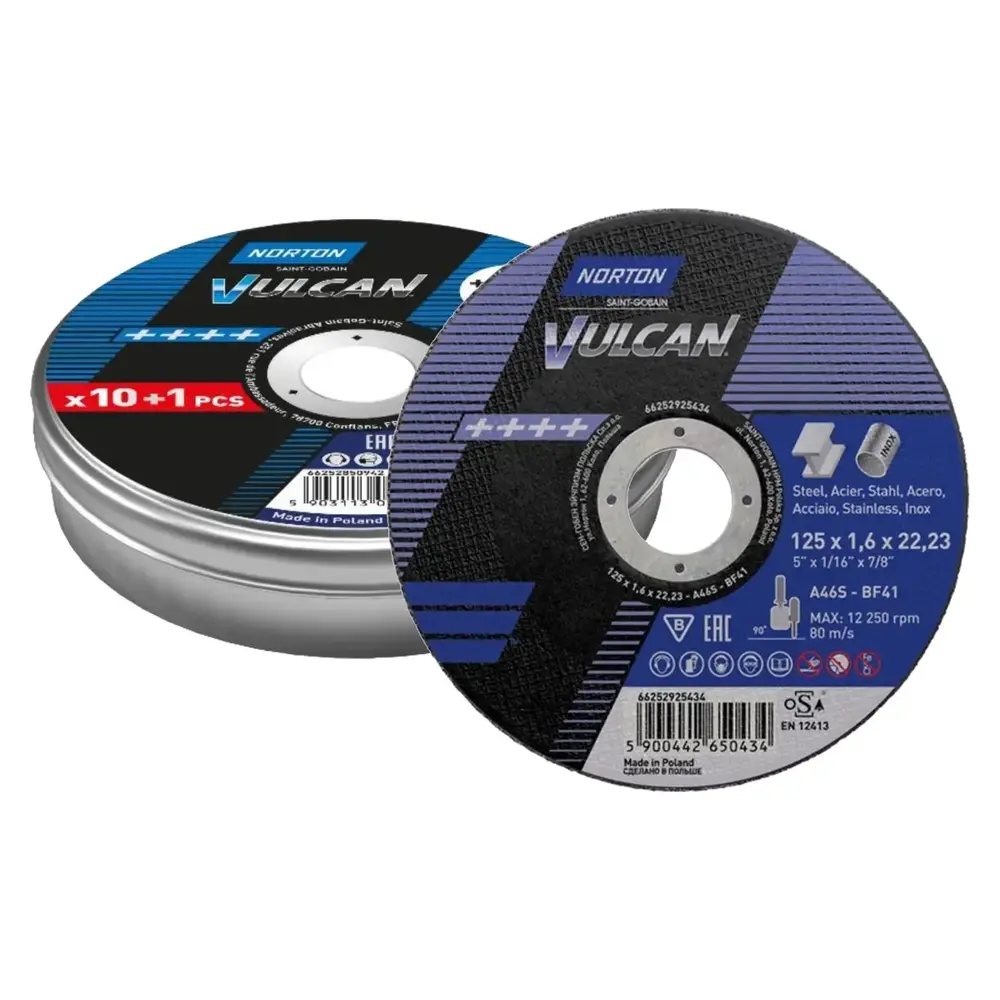 Pakiet 10 szt. tarcz do cięcia Norton Vulcan ø125x1,6 + 1 sztuka tarczy Gratis! 1