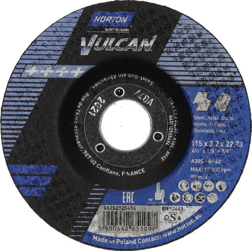 Tarcza do cięcia metalu 115x3,2x22,23 Vulcan wypukła Norton 66252925494 1