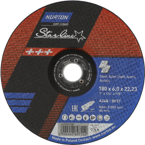 Tarcza do szlifowania metalu 180x6x22,23 Starline wypukła Norton 66252837268 1