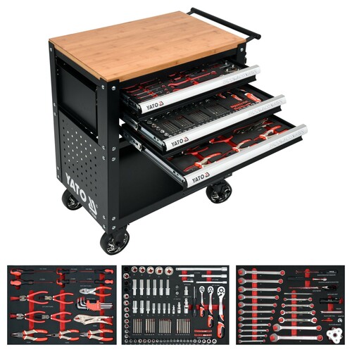 Wózek warsztatowy narzędziowy z 3 szufladami i zestawem 162 narzędziami czarny YATO YT-55280 1