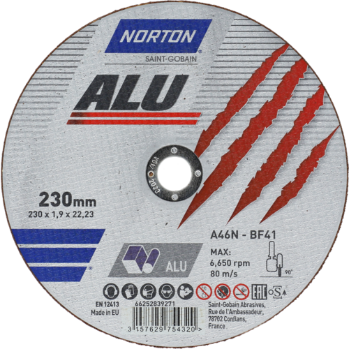 Tarcza do cięcia aluminium 230x1,9x22,23 ALU płaska Norton 66252839271 1