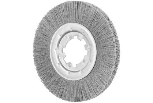Szczotka tarczowa niepleciona RBU Ø200 × 13 × 50,8 mm otwór, włókno SiC Ø0,55 mm, ziarno 120, stacjonarna 1