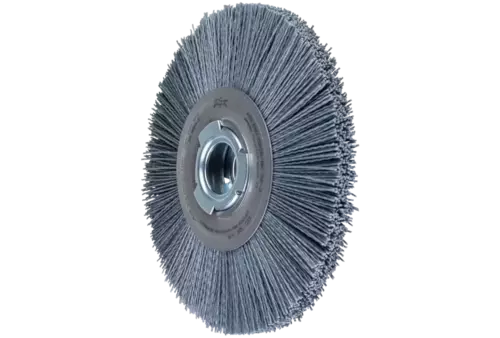 Szczotka tarczowa szeroka niepleciona RBU Ø 200 × 25x różne otwory włókno SiC Ø 1,10 mm ziarno 120 szlifierka stacjonarna 1