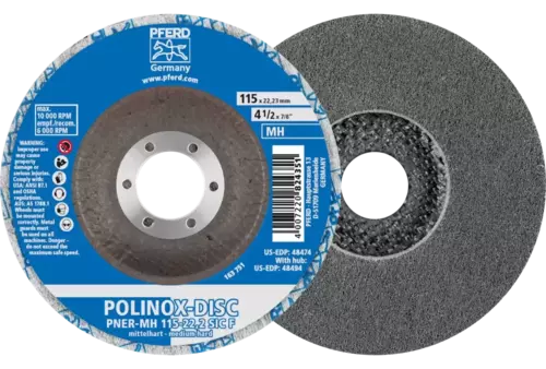 Dysk z włókniny prasowej POLINOX PNER Ø 115 mm do otworu Ø 22,23 mm średnio twardy SIC drobnoziarnisty do wykańczania 1