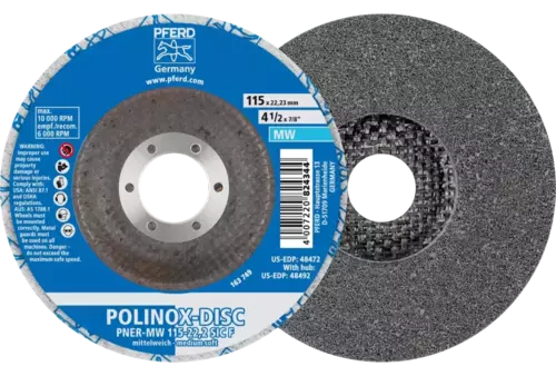Dysk z włókniny prasowanej POLINOX PNER Ø 115 mm do otworu Ø 22,23 mm średnio miękki SIC drobnoziarnisty do wykańczania 1