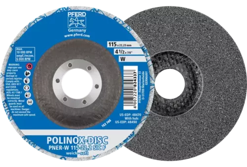 Dysk z włókniny prasowanej POLINOX PNER Ø 115 mm do otworu Ø 22,23 mm miękki SIC drobnoziarnisty do wykańczania 1