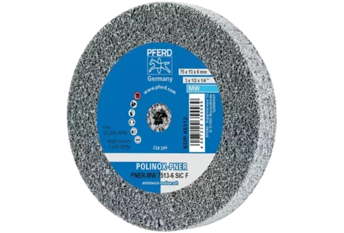 Dysk z włókniny prasowanej POLINOX PNER Ø 75 × 13 mm do otworu Ø 6 mm średnio miękki SIC drobnoziarnisty do wykańczania 1